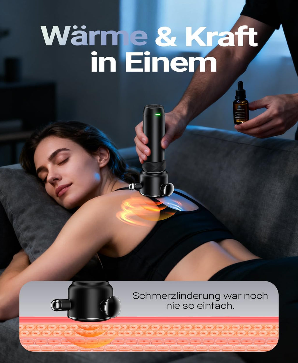 HYAKO R1 massager being used on leg muscle cramp relief