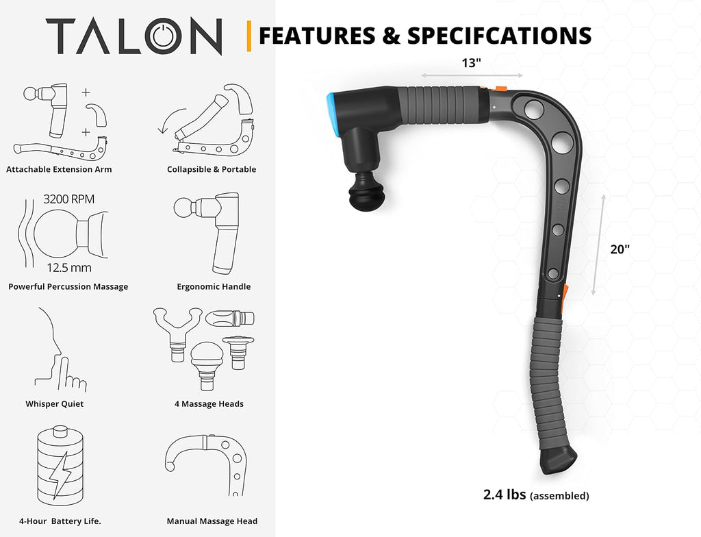 Brazyn Talon extension arm attached to massage gun back access