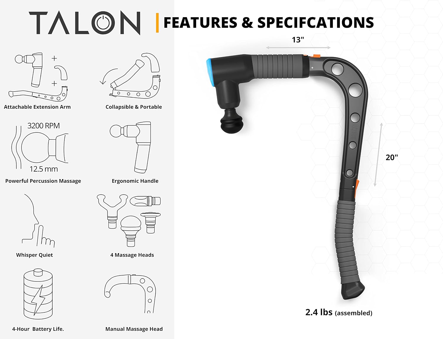 Brazyn Talon extension arm attached to massage gun back access