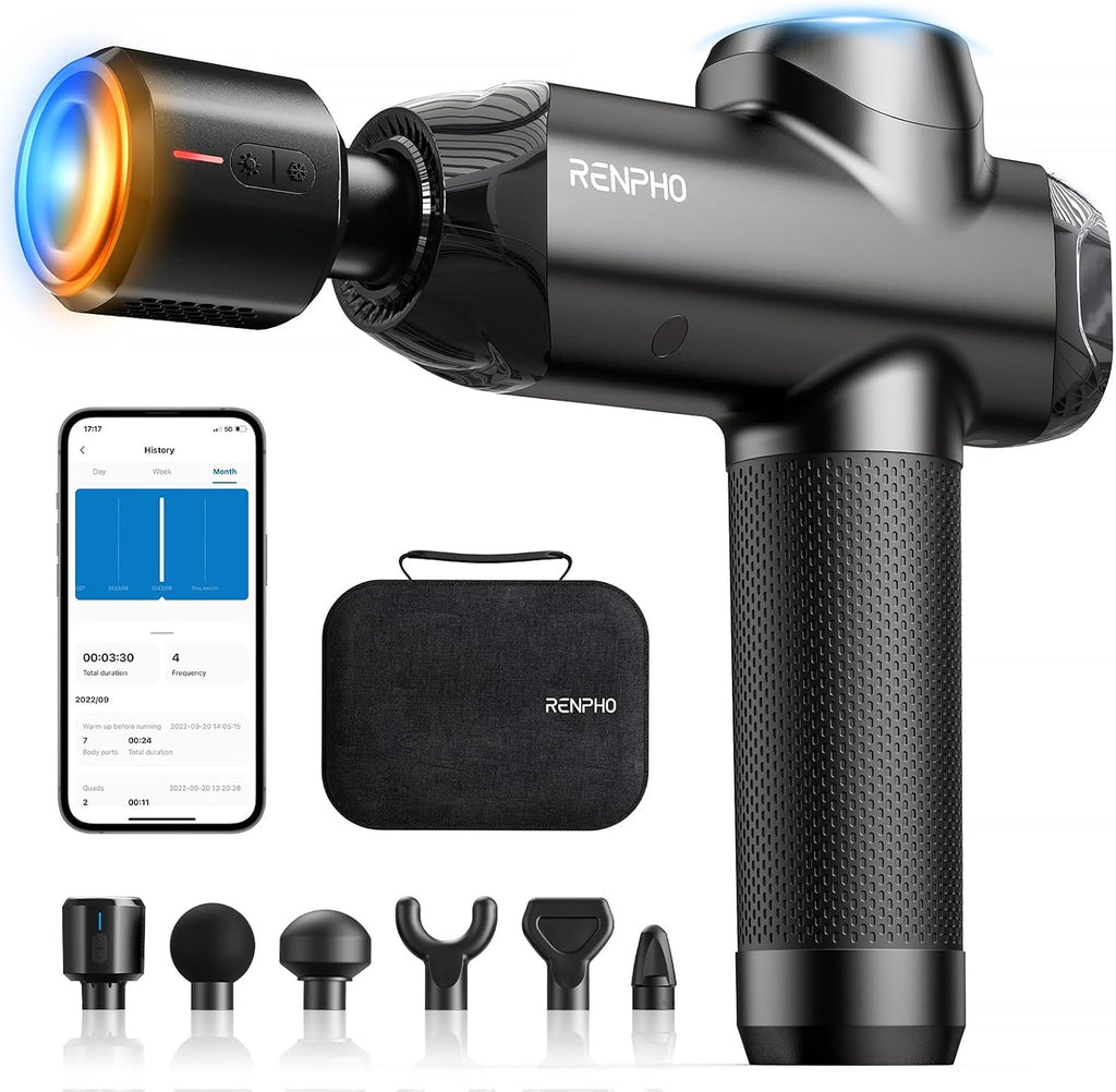 RENPHO Thermacool Deluxe massage gun all accessories display