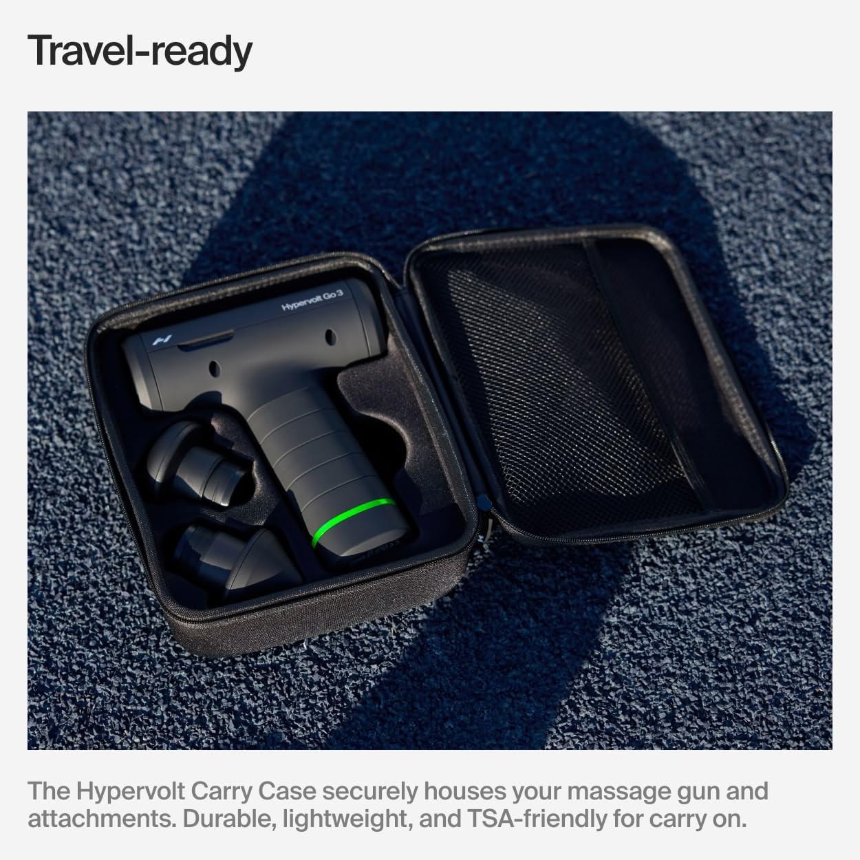 Hyperice Hypervolt Go 3 being used on shoulder travel recovery