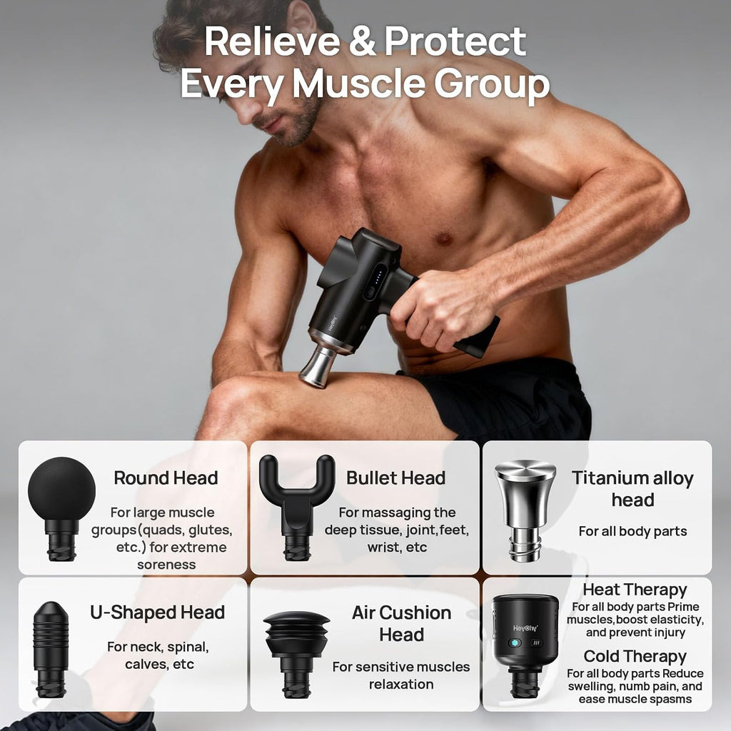 HEYCHY titanium massage gun full product view all attachments