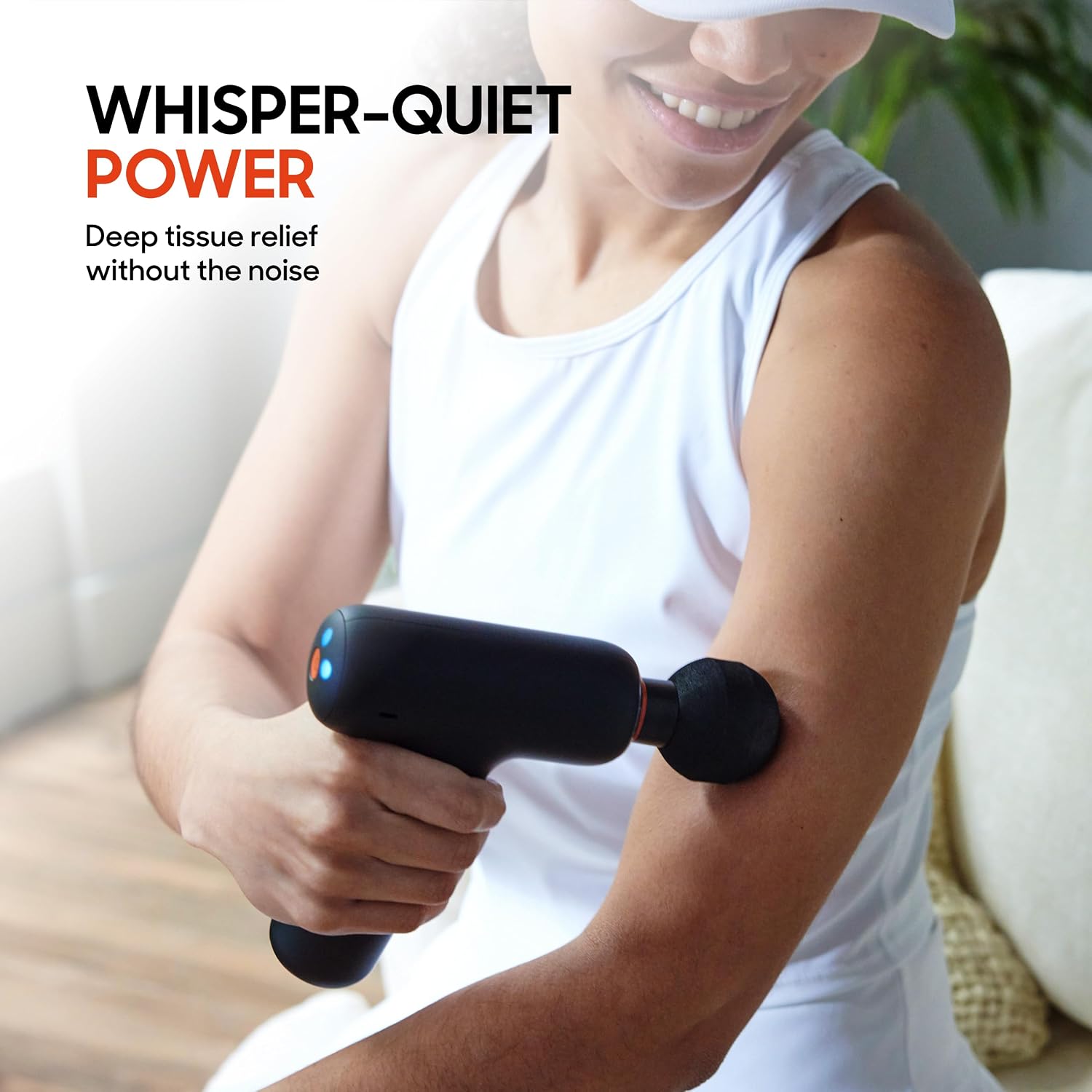 PowerBoost Core Mini deep tissue percussion being used on shoulder
