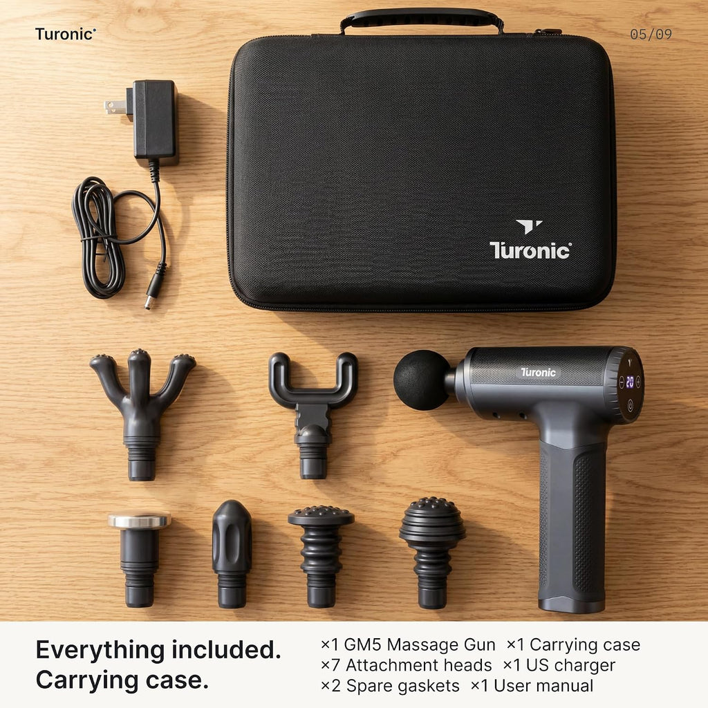 Turonic GM5 massage gun being used on lower back pain